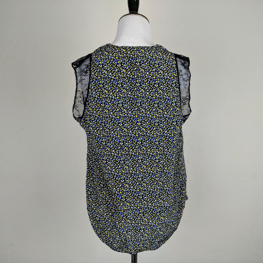 Sandro Paris Top Silk Blouse Geometric Pixel Print Luxury Designer Blue Black - Picture 3 of 8